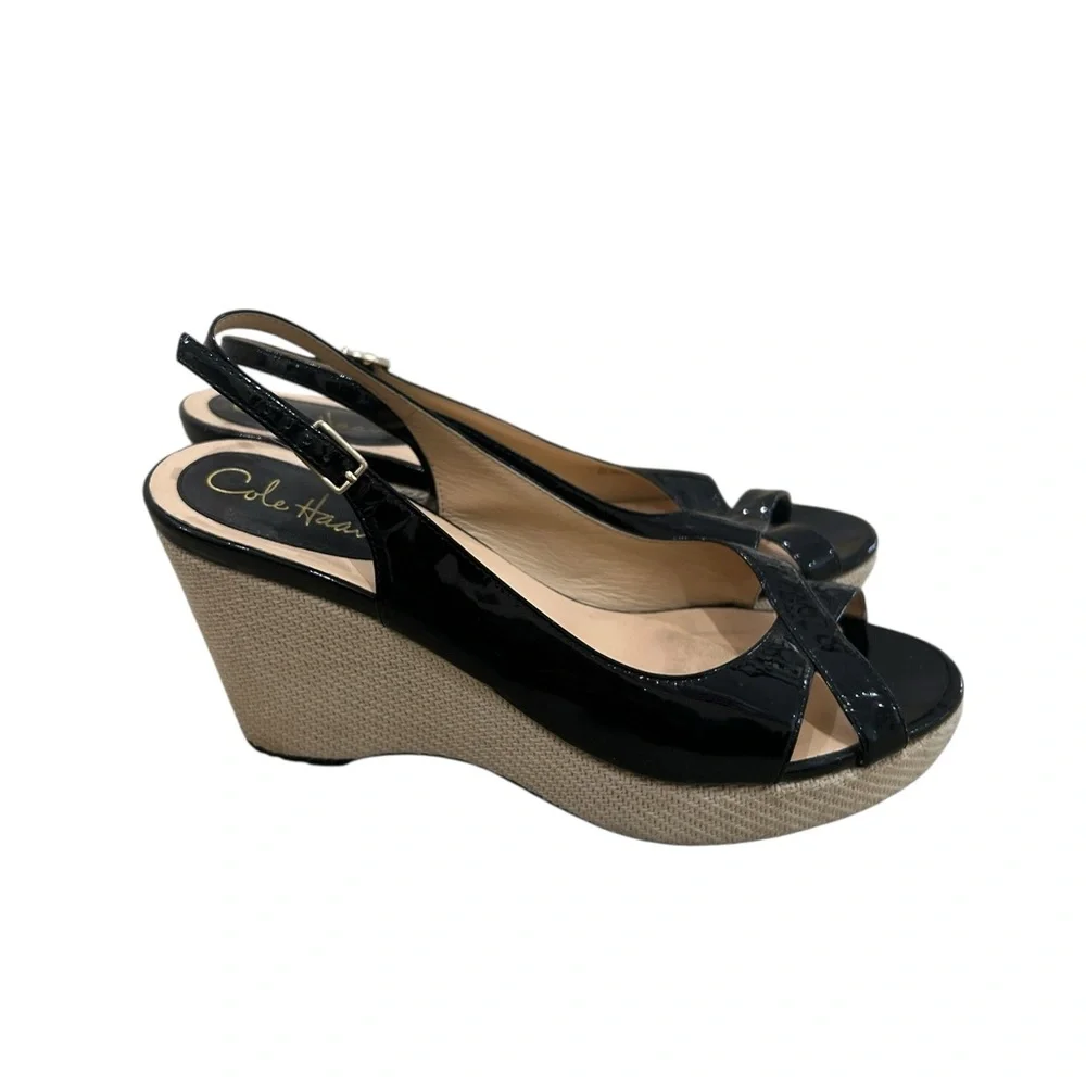 Cole Haan Black Patent Leather Wedge Slingbacks with Natural Woven Heel size 9